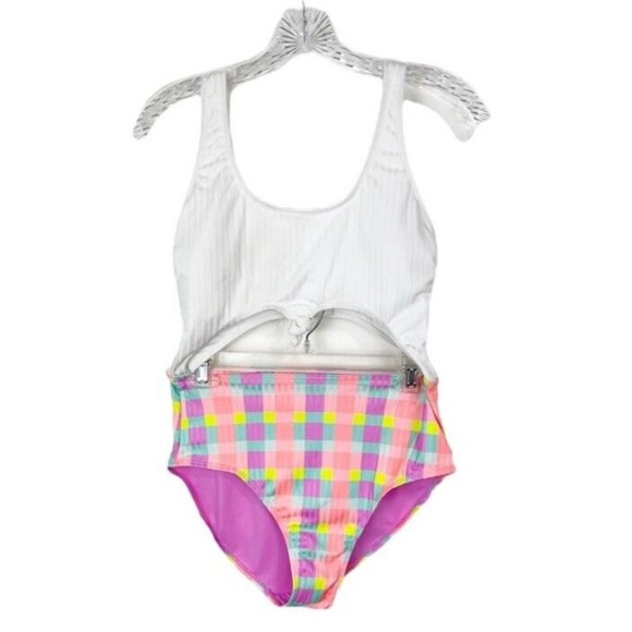 No Boundaries One Piece Swimsuit Women Medium 7-9 White Top Multicolor Juniors - Picture 1 of 13